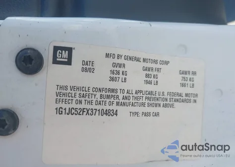 2003 Chevrolet Cavalier z USA, uszkodzony, nr VIN 1G1JC52FX37104834